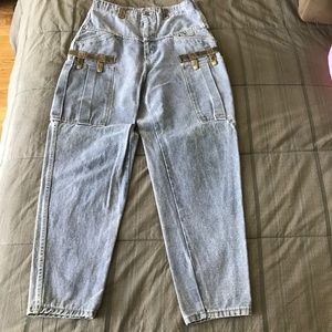 Vintage GUESS Leather and Jean Pants,  Size 34, bluish grey jean, greenish leath
